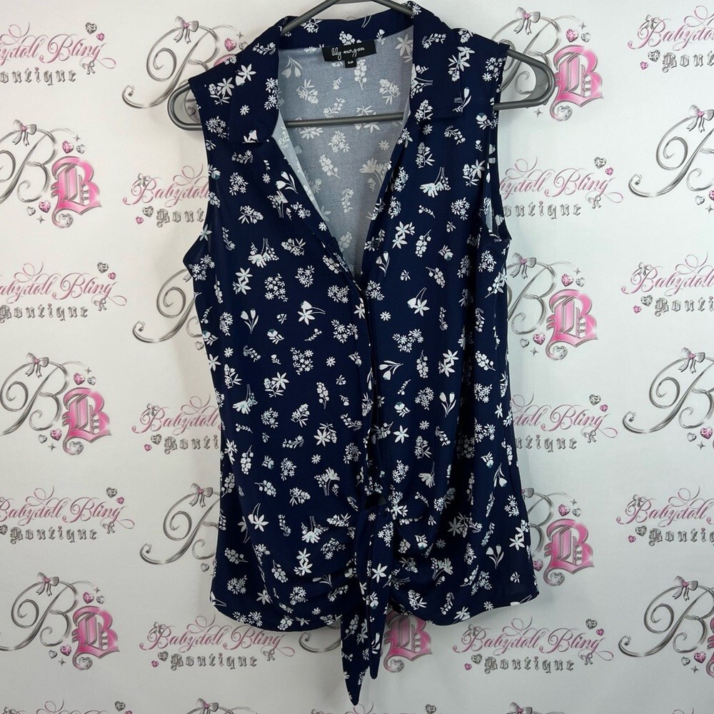 Lily Morgan tank top button up flowers white blue Navy Floral Sleeveless Blouse